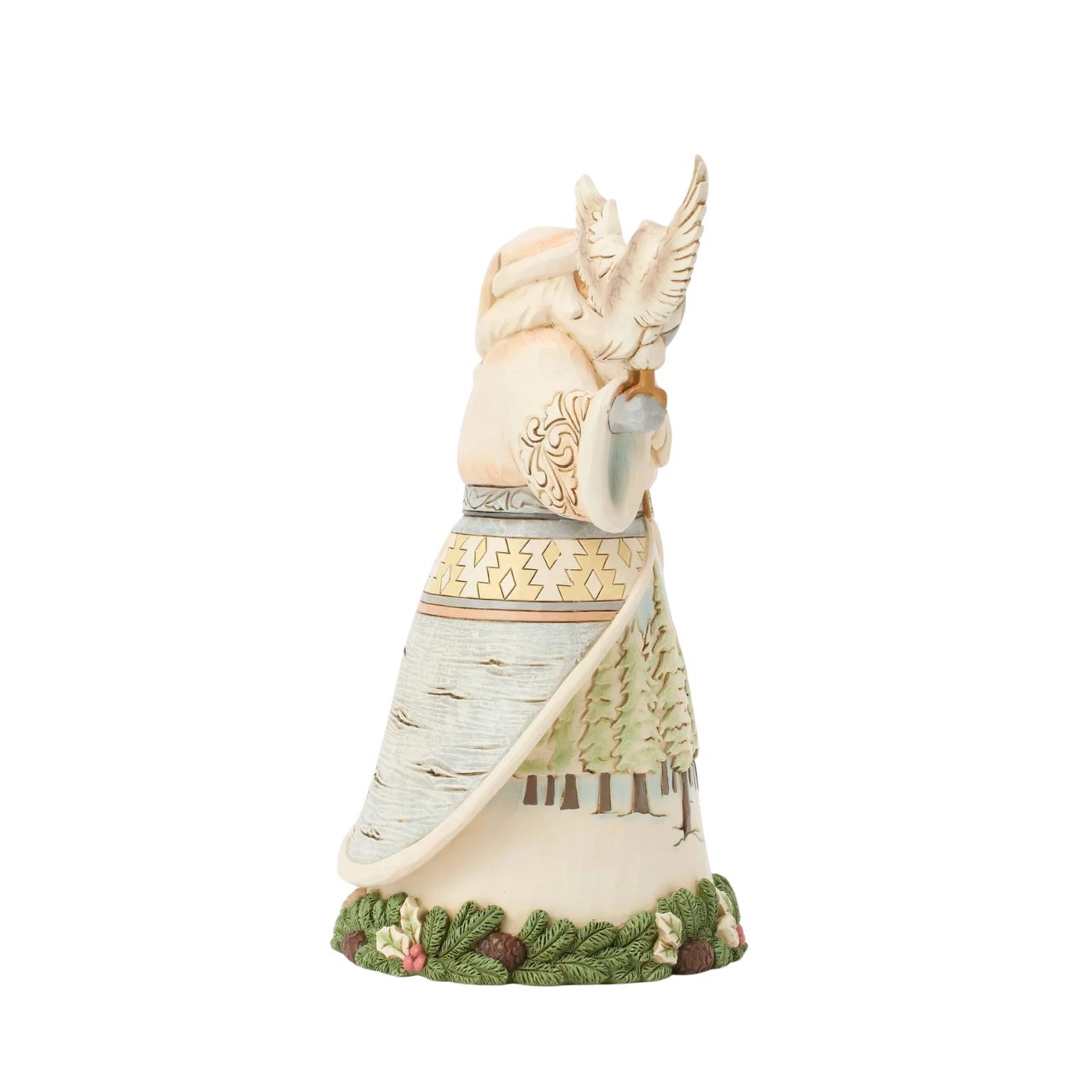 This stunning Jim Shore design features Santa adorned in a gorgeous white cloak trimmed with lush garland, reaching out to a majestic owl.