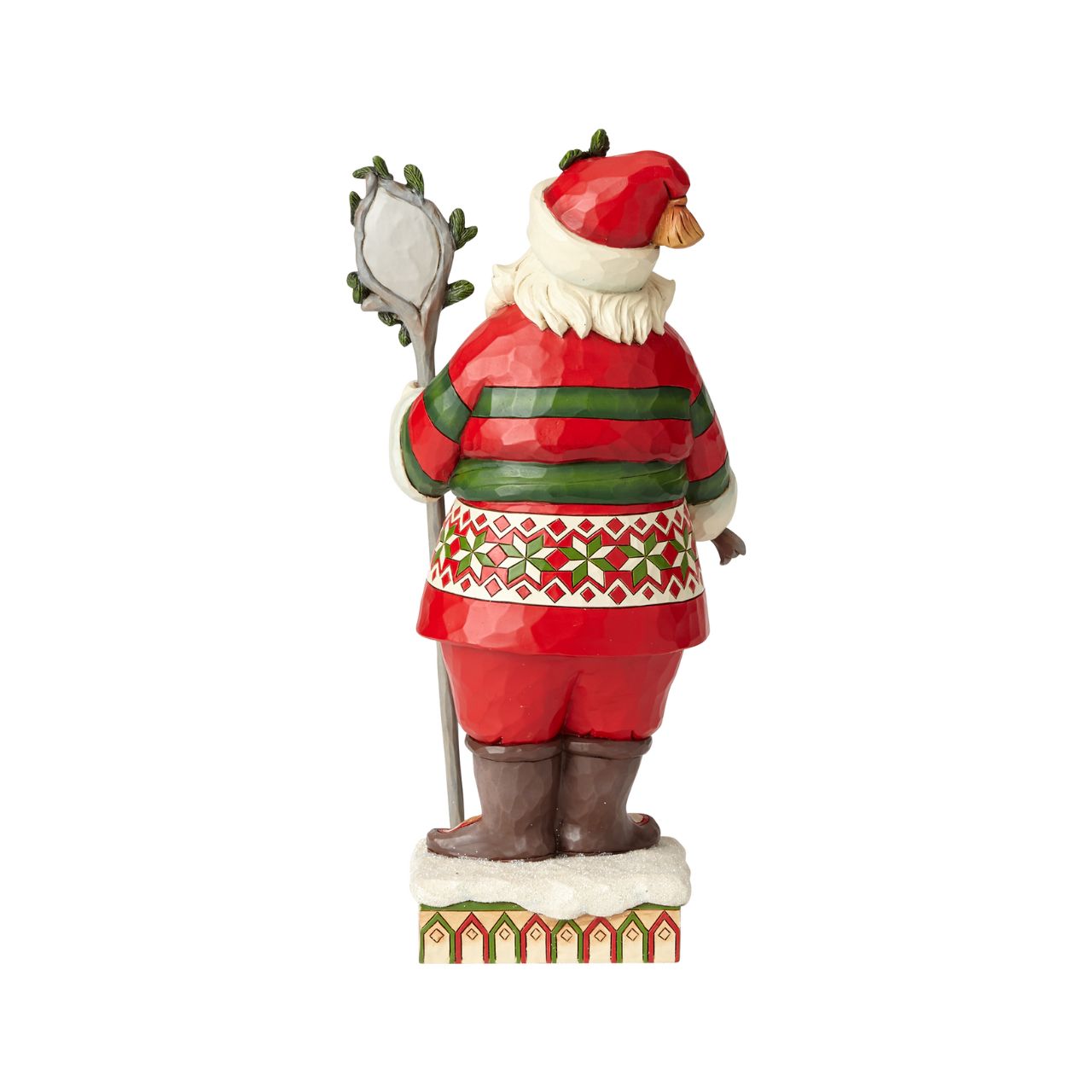 Heartwood Creek Wonder in the Wilderness - Woodsy Santa by Jim Shore The delight is in the details with this handcrafted Santa figurine. Intricate quilt patterns and folk art motifs detail his festive red and green attire, and a closer look at the staff he holds reveals a charming winter cabin scene.