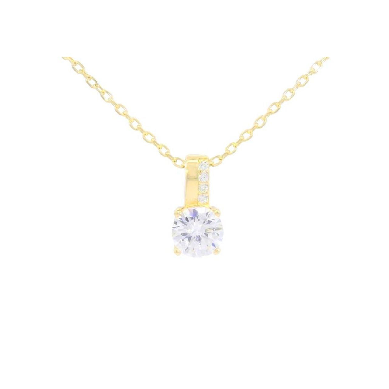 This exquisite cubic zirconia diamond pendant necklace features a brilliant round-cut diamond set in a delicate yellow gold plated sterling silver chain. The minimalist design highlights the stone’s natural sparkle, making it an ideal choice for both everyday elegance and special occasions.