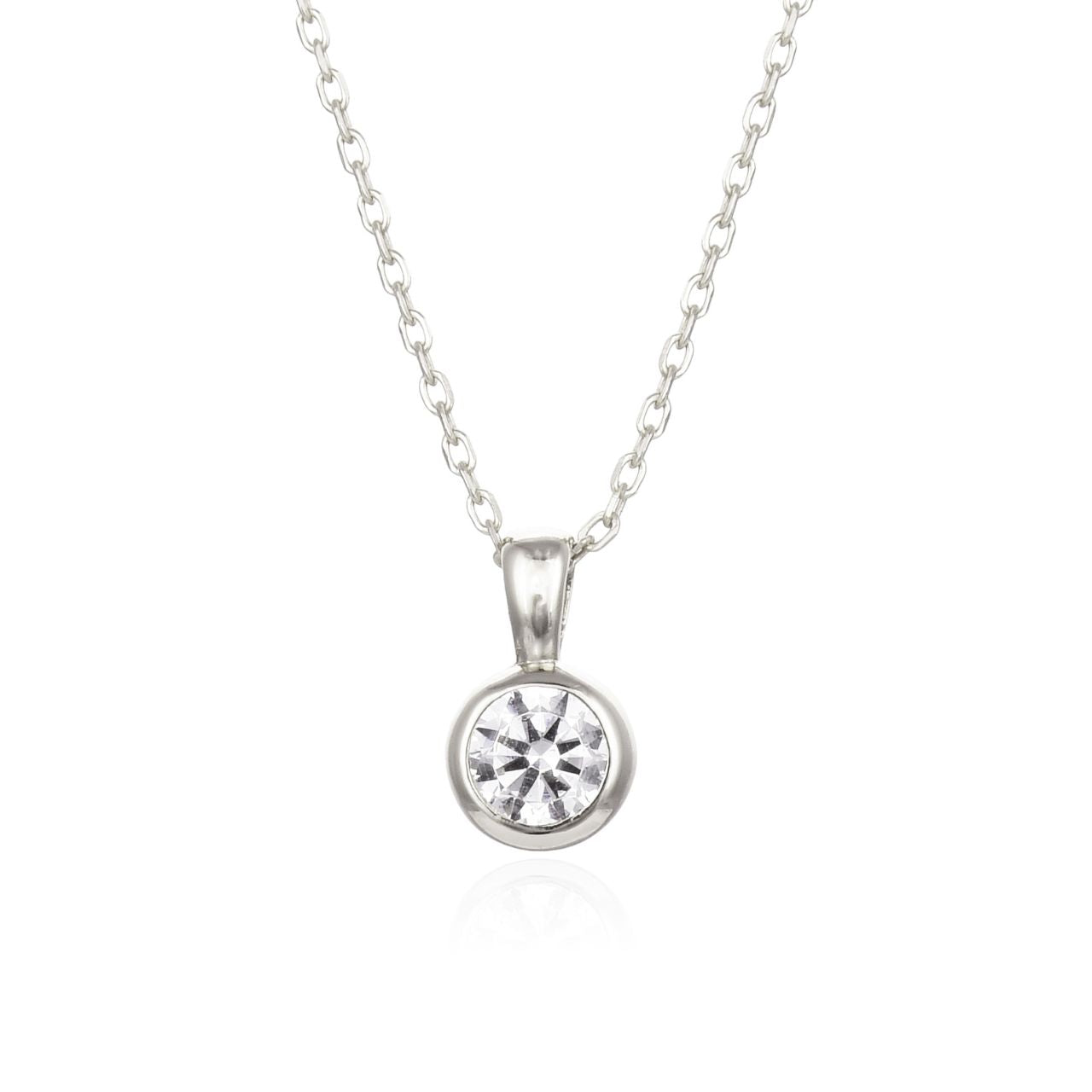 Silver Necklace with Cubic Zirconia by Kilkenny Silver A classic single cubic zirconia in a bezel setting. This simple pendant is sterling silver. It measures approx. 9mm in diameter and is supplied with an 18″ sterling silver chain which has been rhodium plated to help prevent tarnishing.