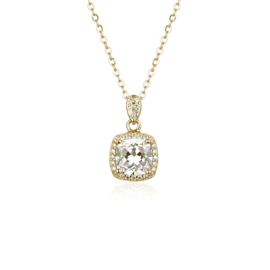 Gold Plated Square Halo Necklace by Kilkenny Silver  A gold plated sterling silver featuring a square cubic zirconia framed by small cubic zirconia. It measures approx. 9mm in diameter and is supplied with an 18″ gold plated sterling silver chain.