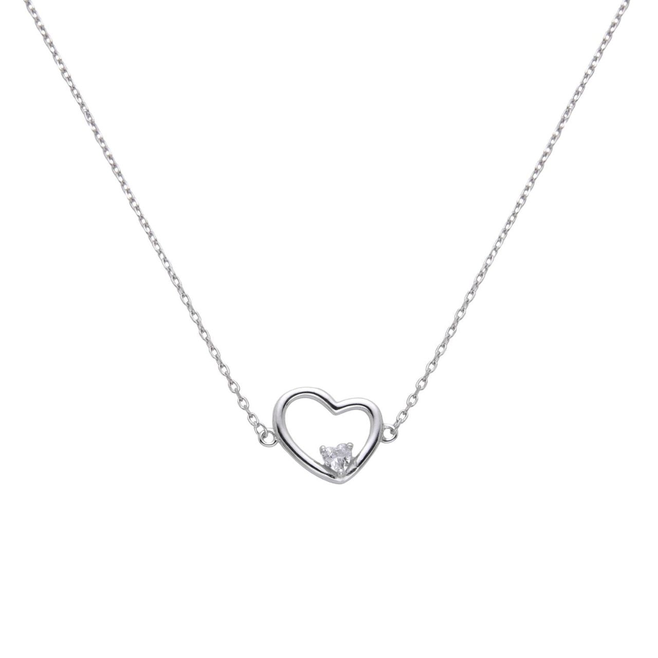 Sterling Silver Heart and Stone Necklace by Kilkenny Silver This is a sterling silver heart necklace has been beautifully designed so that the heart hangs perfectly on the wearer. The heart is linked to the chain on either side unlike most typical designs and measures 14mm in diameter. The cubic zirconia stone has been carefully cut into a heart shape to give extra detail.