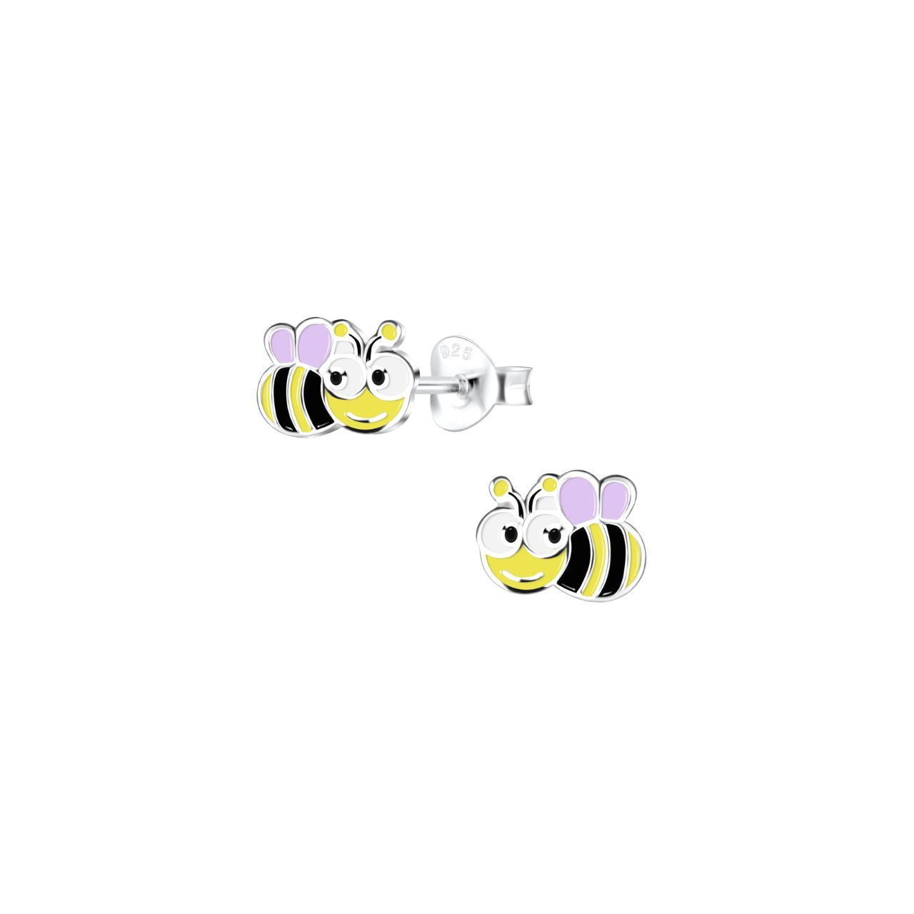 Enamelled sterling silver kids stud earrings with a happy bee with purple wings design.