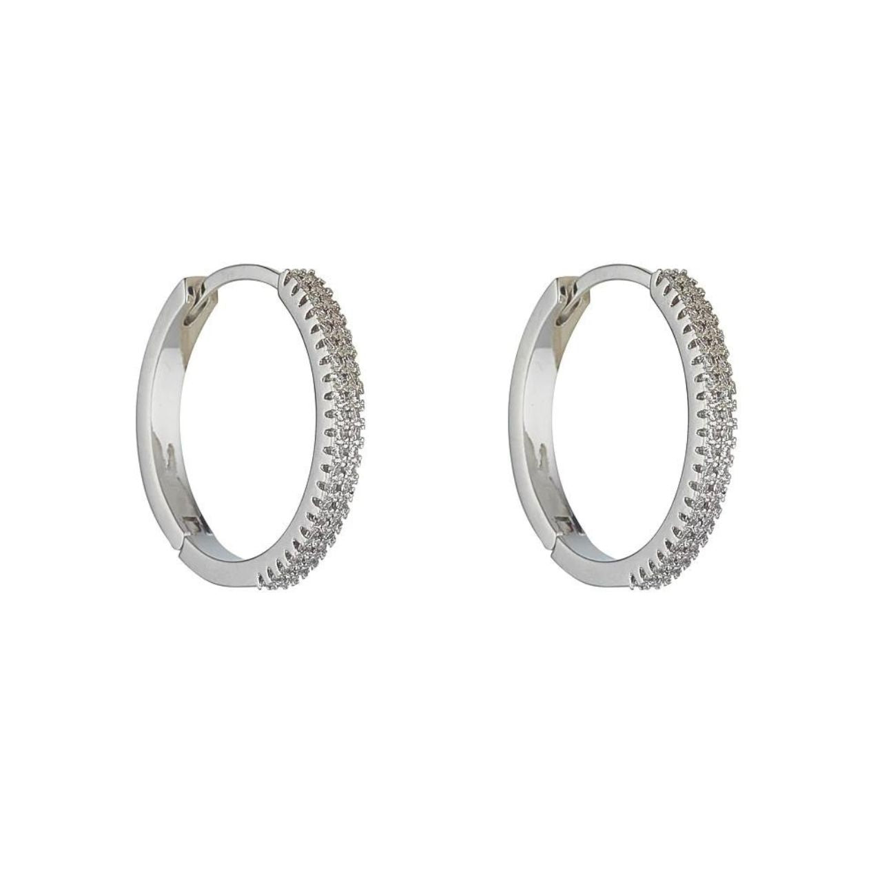 Savannah Rhodium Hoop Earrings by Knight & Day Beautiful hoops (18mm) embellished with clear CZ stones in micro pave setting. Rhodium plating.