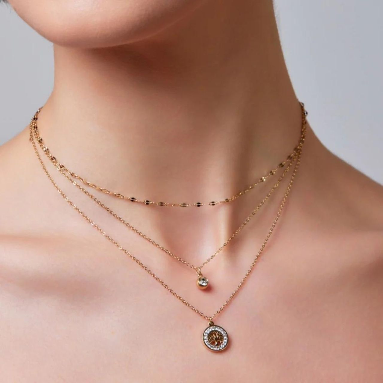 Yellow Gold Tree of Life Layered Necklace by Knight & Day Three layer fine chain necklace with Tree of Life pendant.