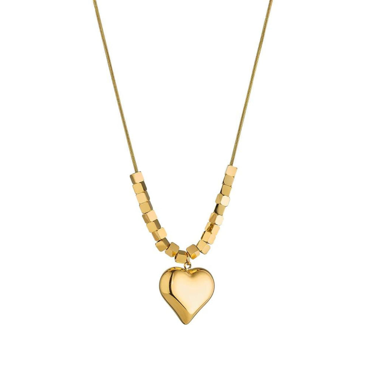 Yellow Gold Emmeline Heart Necklace by Knight & Day Elegant necklace with moveable beads & heart charm. Gold plating.