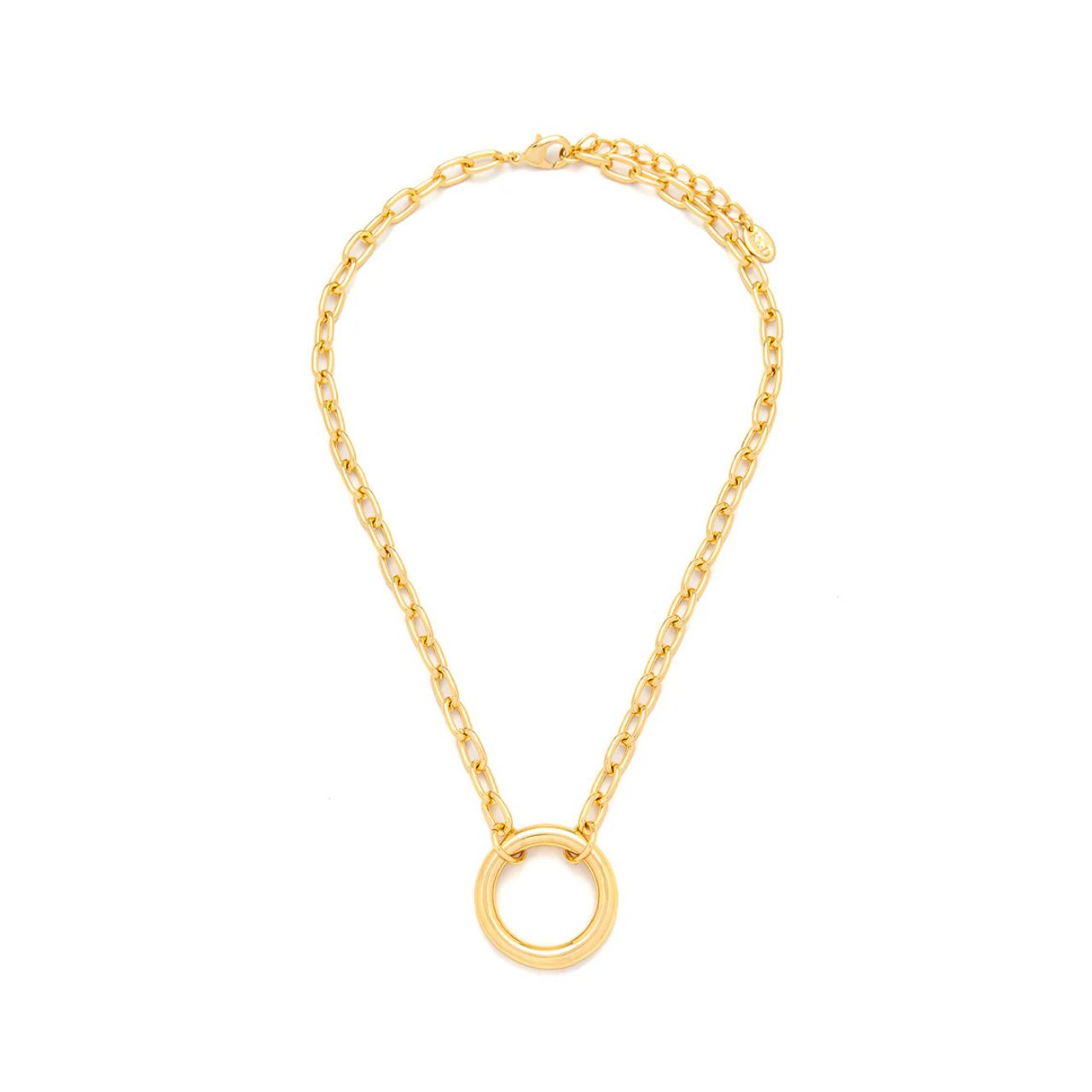 Contemporary style necklace with circle centre piece. Length 17.5". Gold plating.