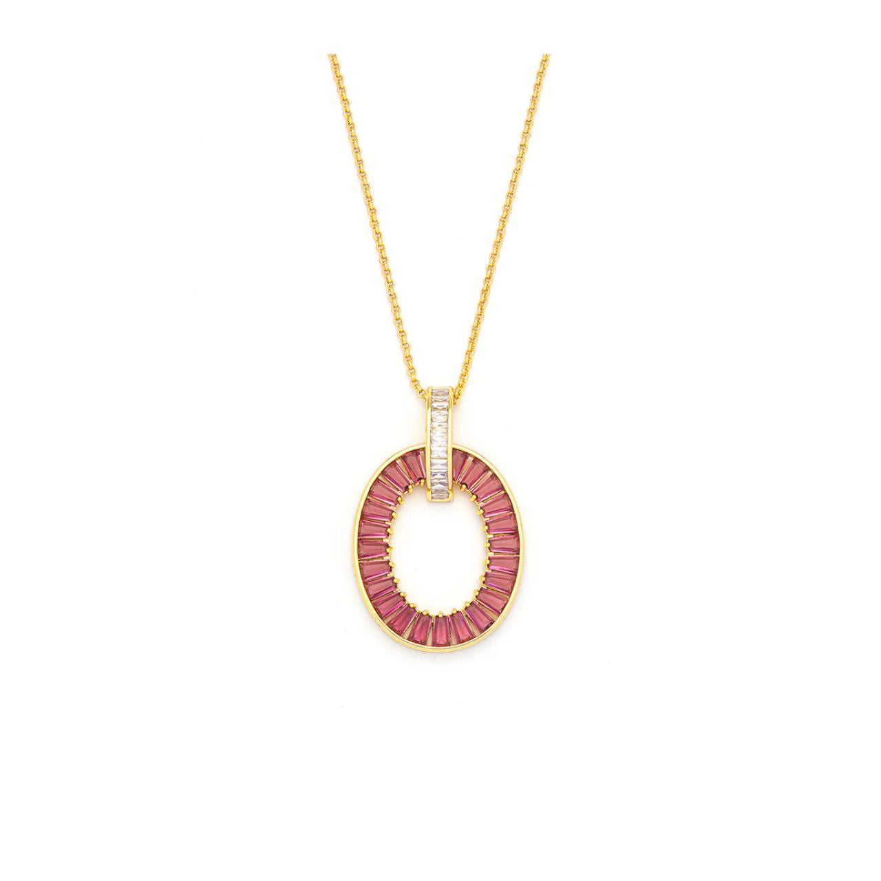 Beautiful oval shape embellished with red rose CZ stones in baguette style. Length 28" + 2" extension. Gold plating.