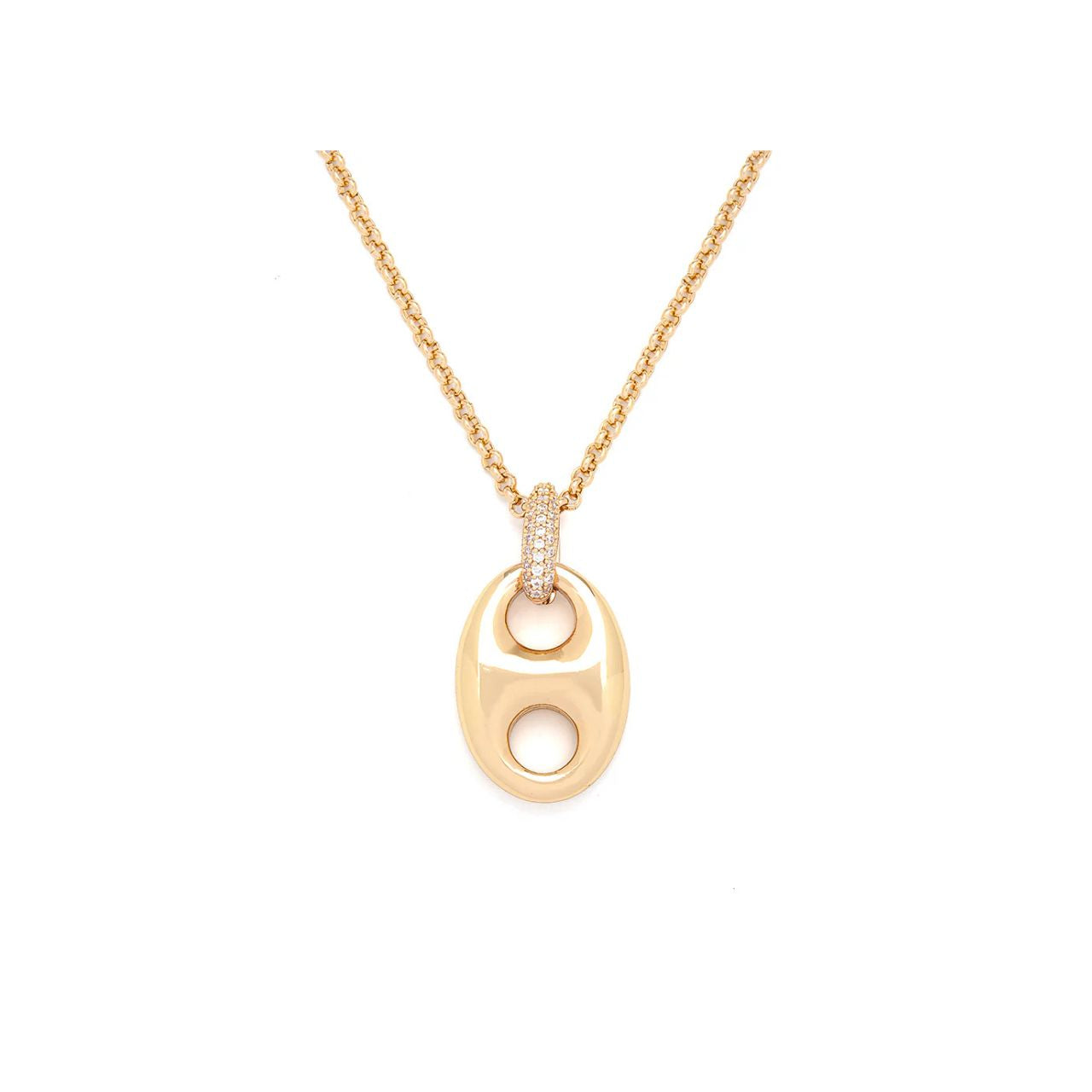 Long rolo chain with chunky contemporary design drop. Gold plating. Length 30" + 2" extension.