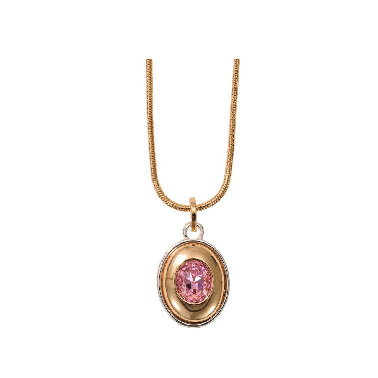 Elegant necklace with chunky mixed metal oval drop embellished with pink crystal. Length 45 + 5cm extension.