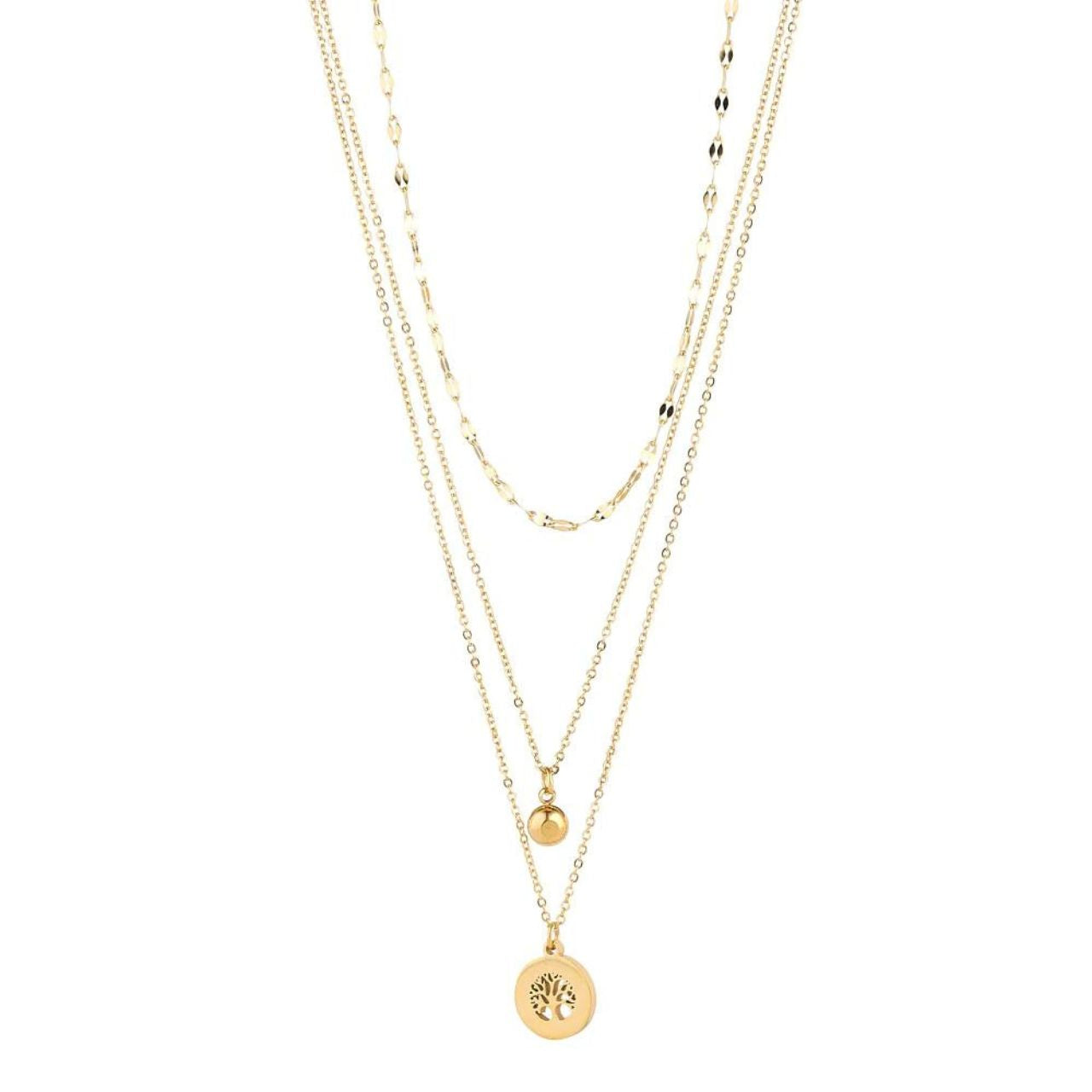 Yellow Gold Tree of Life Layered Necklace by Knight & Day Three layer fine chain necklace with Tree of Life pendant.