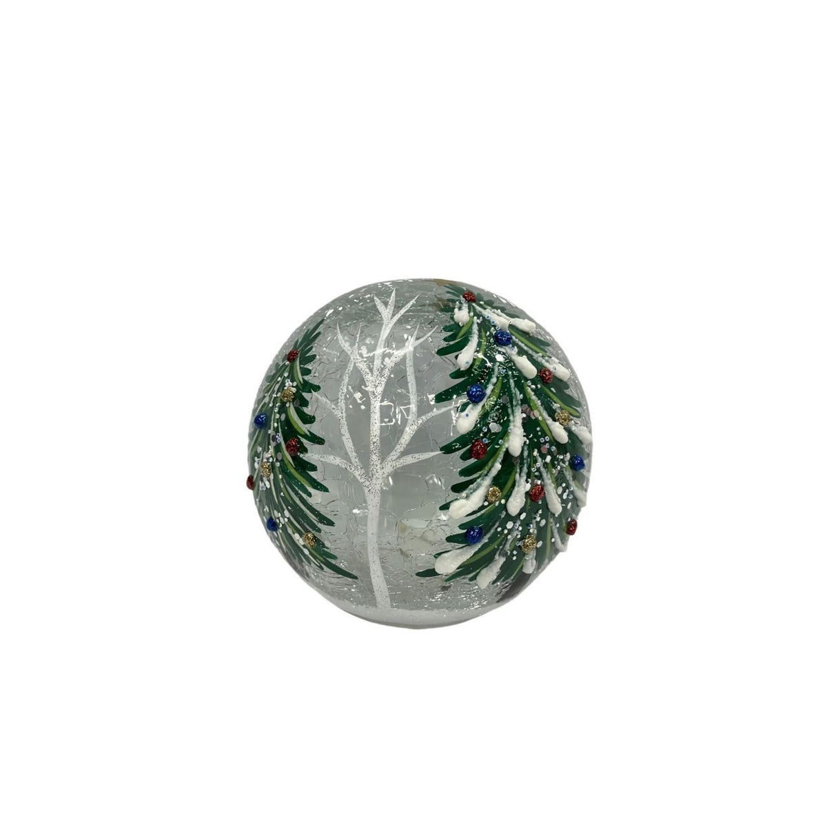The LED Crackle Glass Light with Christmas Tree Design (Includes Try Me Button) adds a playful touch to classic Christmas lighting. Featuring a snowy winter scene with a bare tree and snow-covered evergreens adorned with ornaments, it glows softly, highlighting the crackle glass texture and festive details.