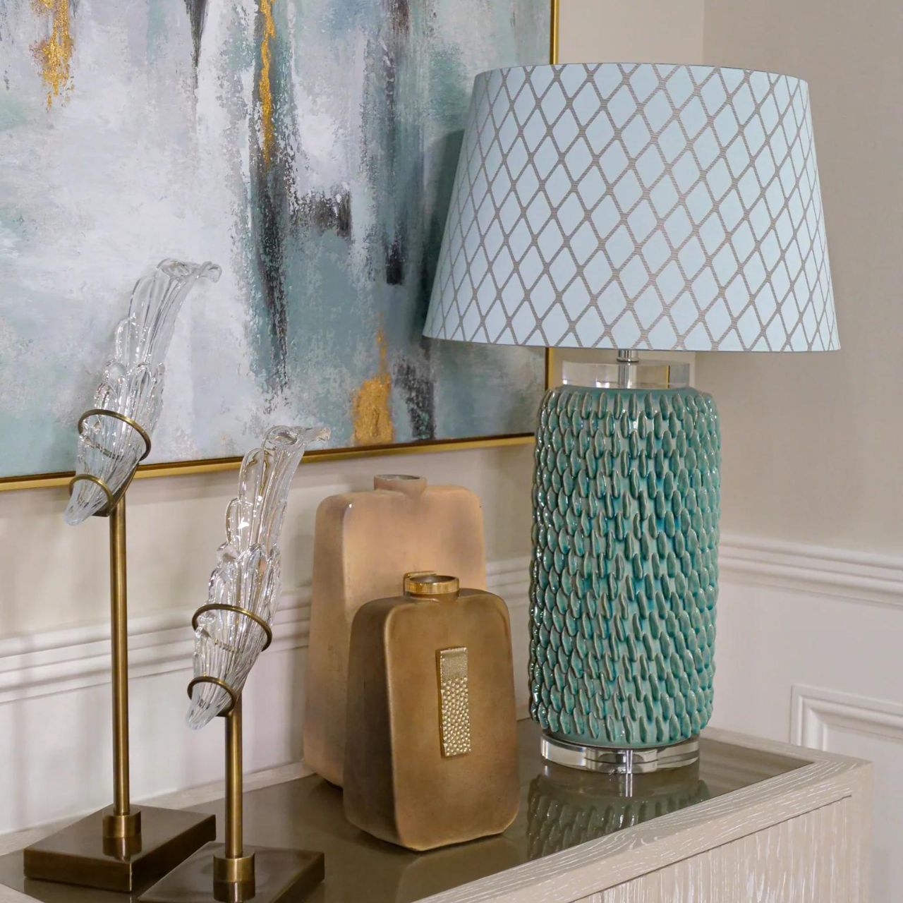 Mindy Brownes Ceramic Lexi Lamp. Aqua marine coral texture inspired lamp on a clear acrylic base with chrome detail. Ideal bedroom lamp, hall lamp or hotel lamp.
