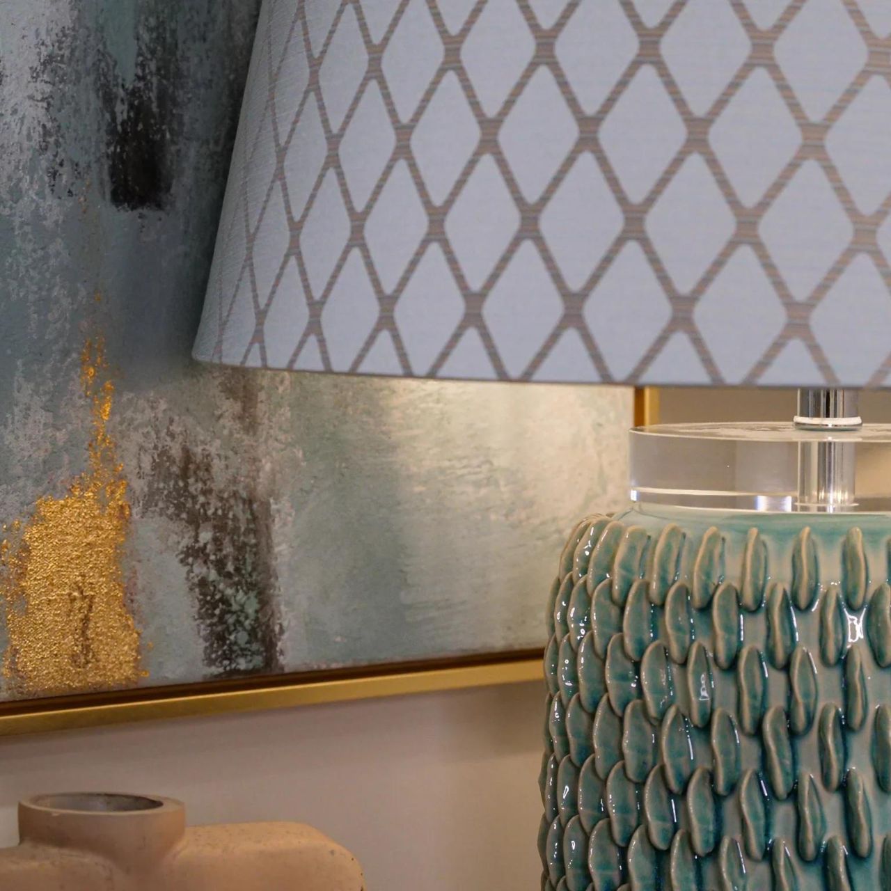 Mindy Brownes Ceramic Lexi Lamp. Aqua marine coral texture inspired lamp on a clear acrylic base with chrome detail. Ideal bedroom lamp, hall lamp or hotel lamp.
