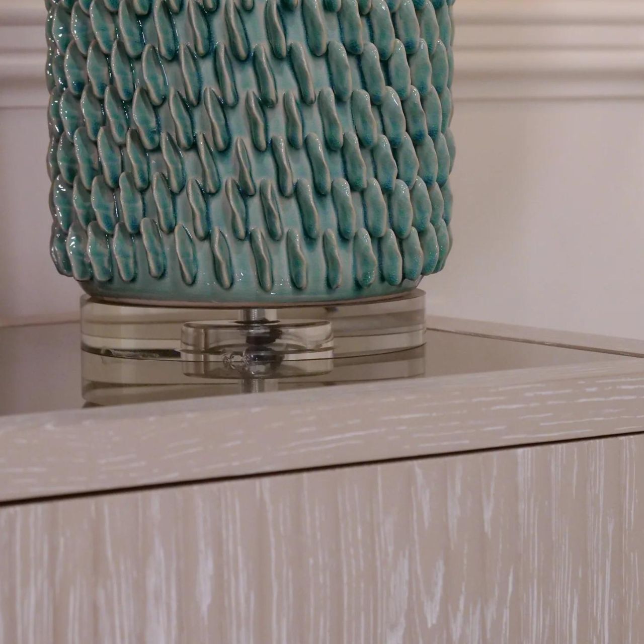 Mindy Brownes Ceramic Lexi Lamp. Aqua marine coral texture inspired lamp on a clear acrylic base with chrome detail. Ideal bedroom lamp, hall lamp or hotel lamp.
