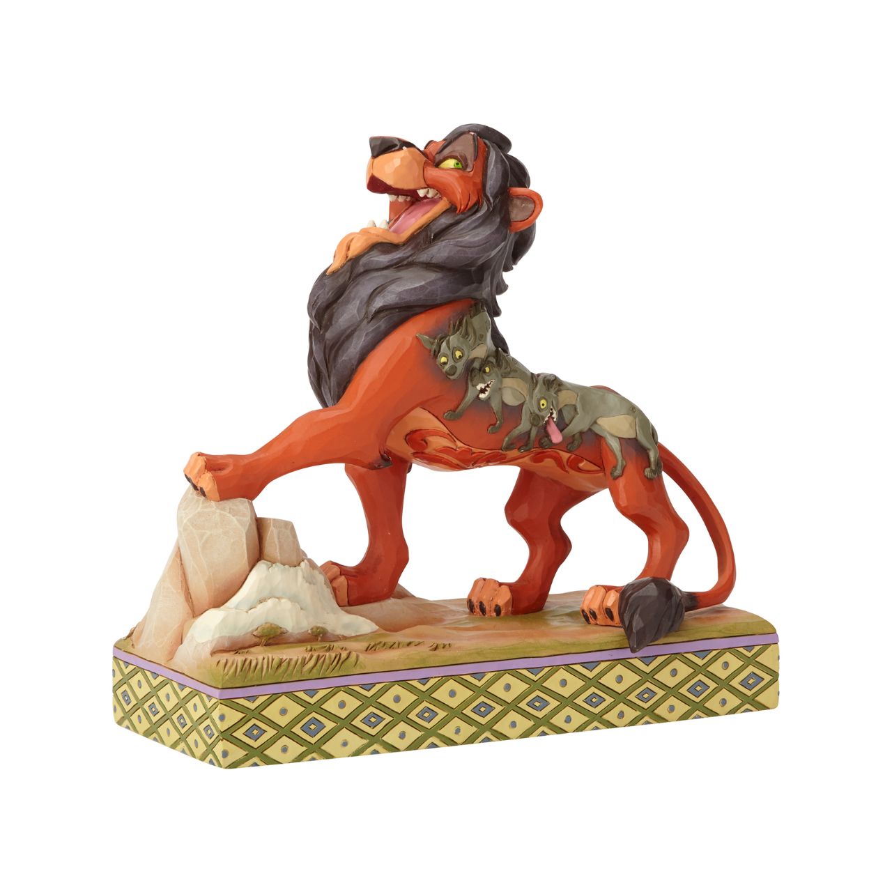 Jim Shore Preening Predator Scar Figurine It is best to be prepared when this darkly ambitious usurper from the Lion King has his eyes on the throne. Designed by Jim Shore, Scar sings proudly of his villainous plot to steal the crown with details of his laughing, hyena henchmen decorating his pelt.