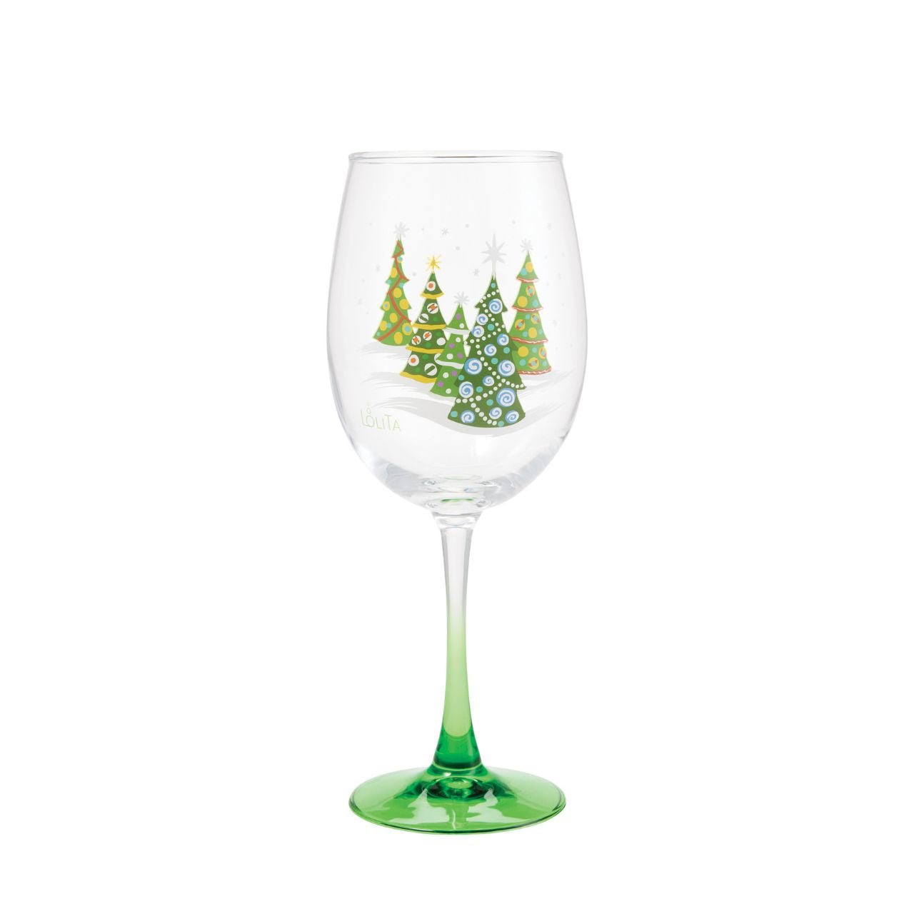 Toast to the most wonderful time of the year with this Celebrations by Lolita wine glass, featuring a transparent gradient effect and Christmas trees. A snowy scene of decorated greenery, fill your cup with all kinds of spirit.