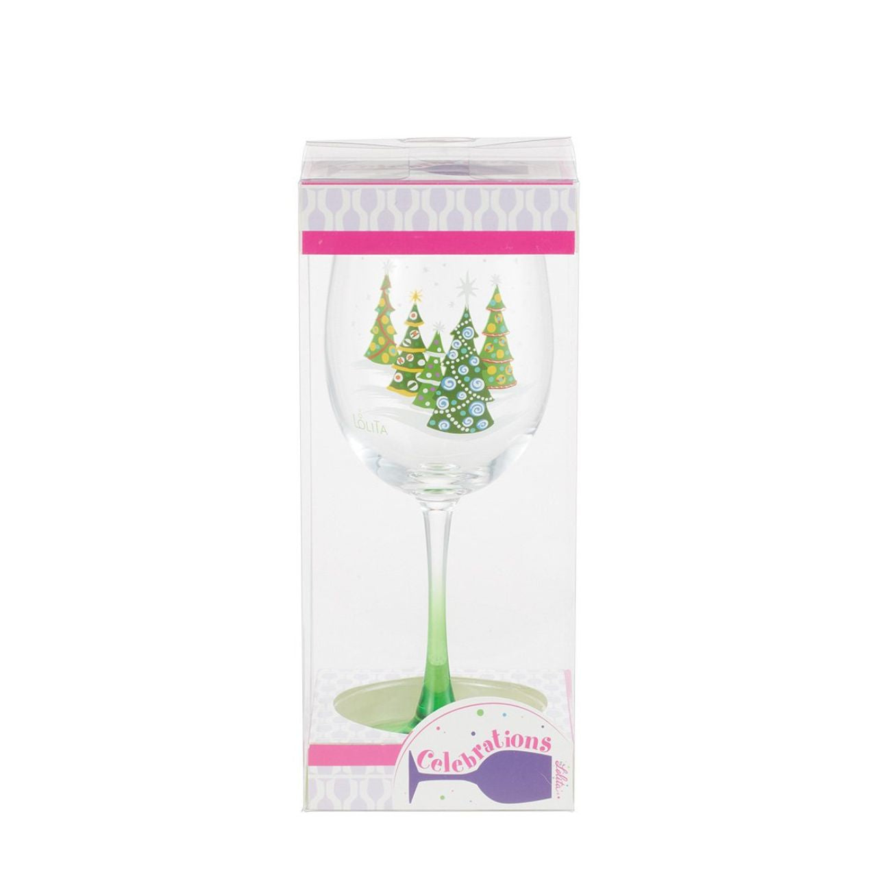 Toast to the most wonderful time of the year with this Celebrations by Lolita wine glass, featuring a transparent gradient effect and Christmas trees. A snowy scene of decorated greenery, fill your cup with all kinds of spirit.