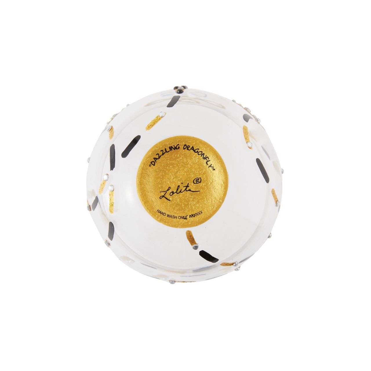 This gorgeous stemless wine glass from Lolita features a hand-painted dragonfly in black and gold. With inlaid crystal patterning, the stylish creature inspires elegance and calm. A symbol sparkles from the bottom of the glass and demands a refill.