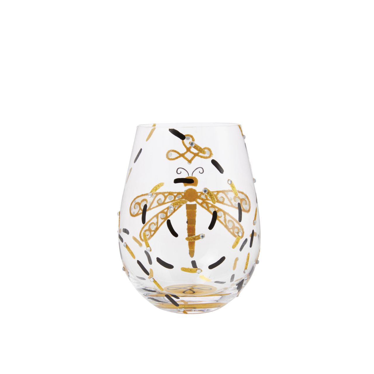 This gorgeous stemless wine glass from Lolita features a hand-painted dragonfly in black and gold. With inlaid crystal patterning, the stylish creature inspires elegance and calm. A symbol sparkles from the bottom of the glass and demands a refill.