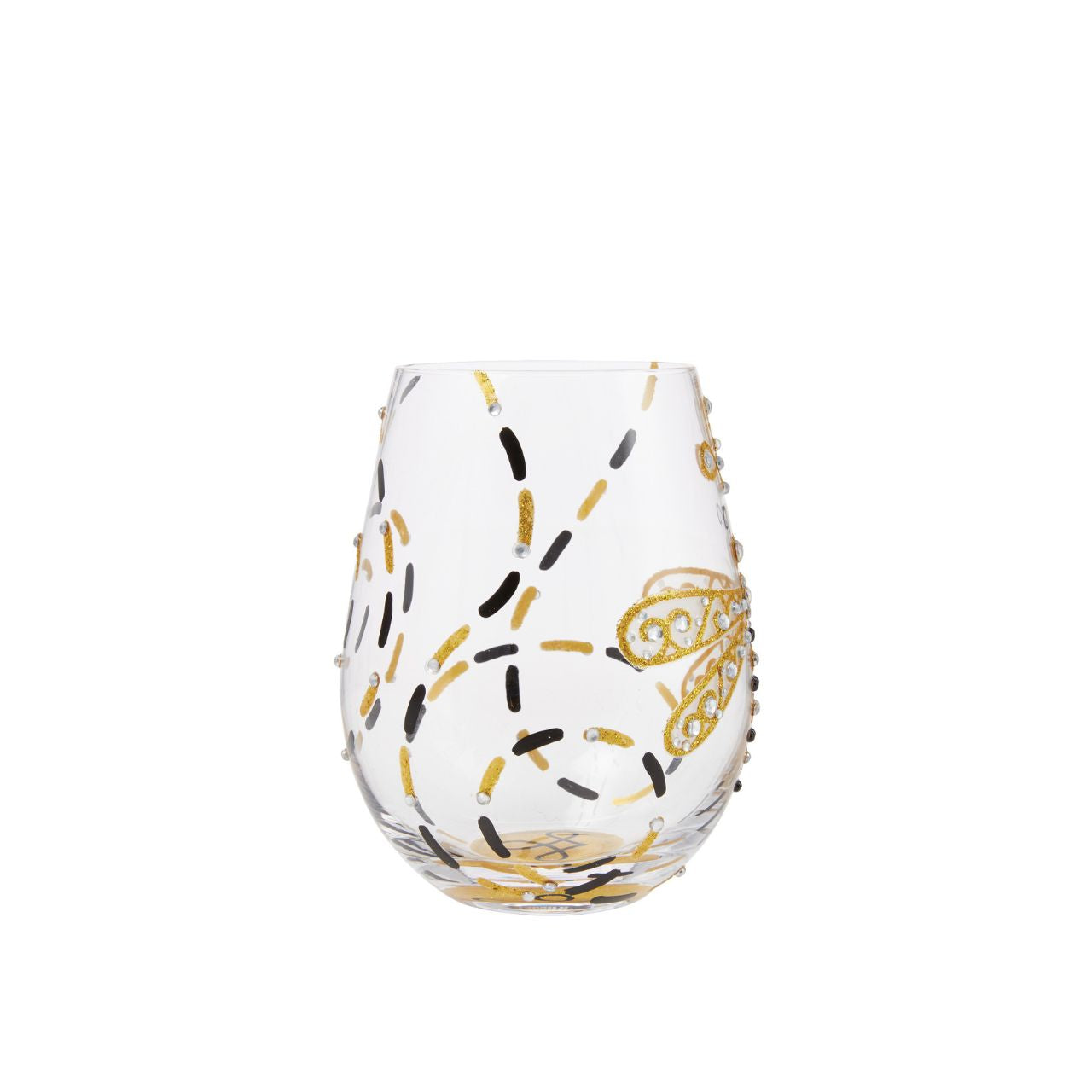 This gorgeous stemless wine glass from Lolita features a hand-painted dragonfly in black and gold. With inlaid crystal patterning, the stylish creature inspires elegance and calm. A symbol sparkles from the bottom of the glass and demands a refill.