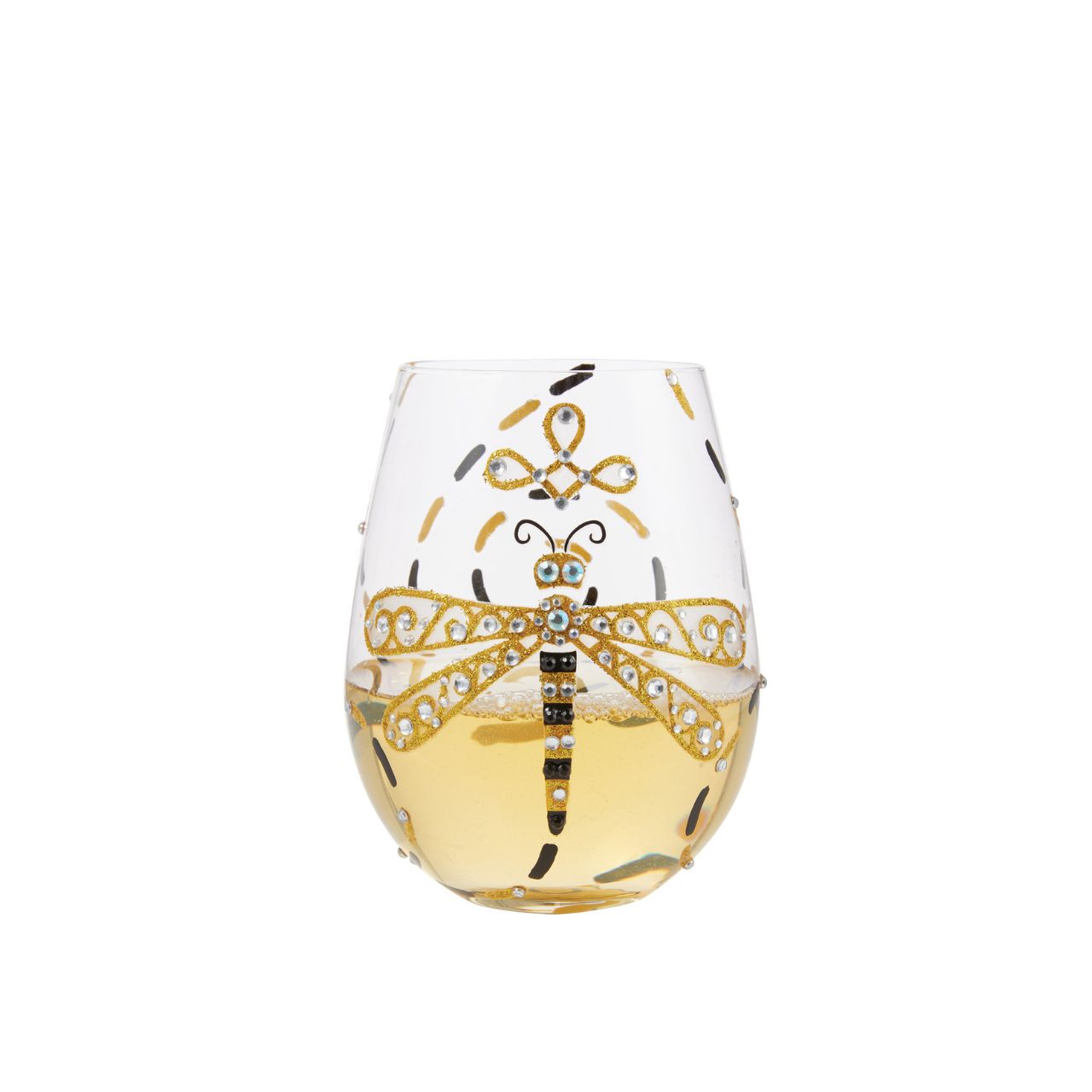 This gorgeous stemless wine glass from Lolita features a hand-painted dragonfly in black and gold. With inlaid crystal patterning, the stylish creature inspires elegance and calm. A symbol sparkles from the bottom of the glass and demands a refill.