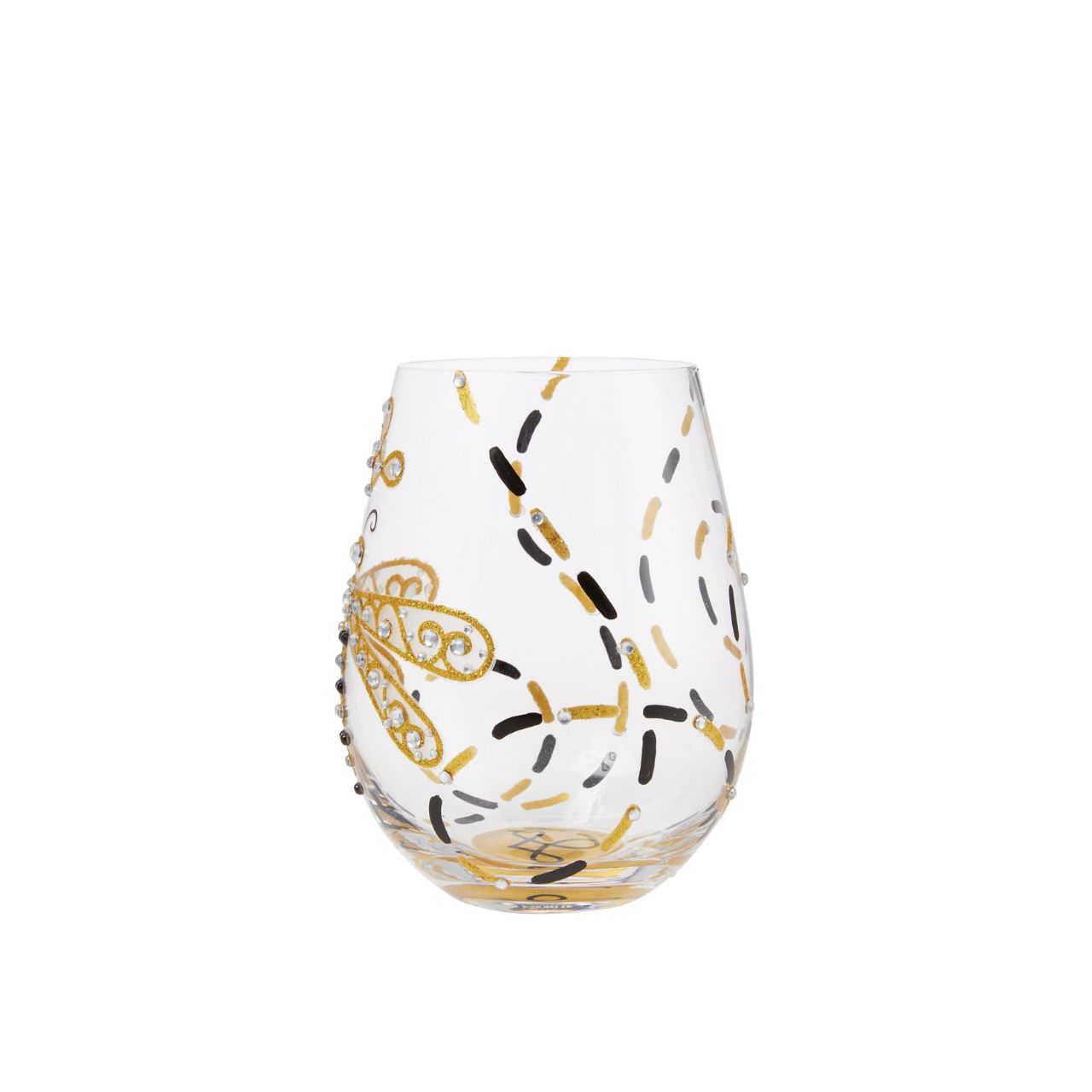 This gorgeous stemless wine glass from Lolita features a hand-painted dragonfly in black and gold. With inlaid crystal patterning, the stylish creature inspires elegance and calm. A symbol sparkles from the bottom of the glass and demands a refill.