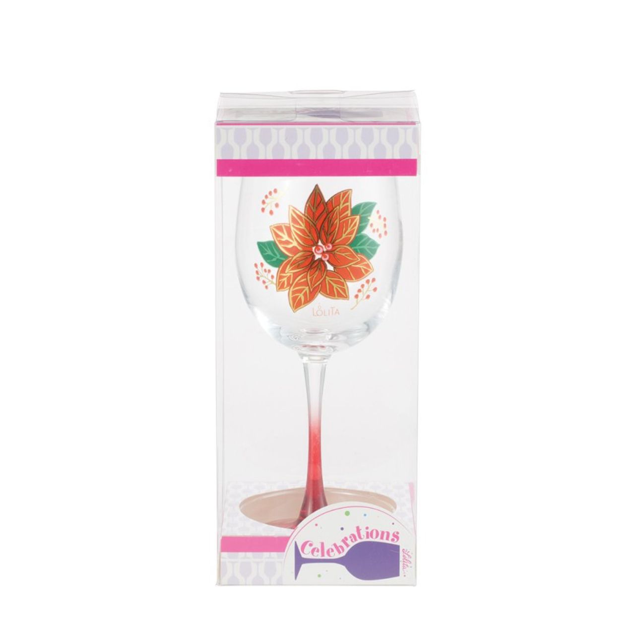 Toast to the holiday season with this Celebrations by Lolita wine glass, featuring a transparent gradient effect and poinsettia decal. Featuring a gorgeous poinsettia bloom this wine glass will elevate your evening with festive flair and warming hue.