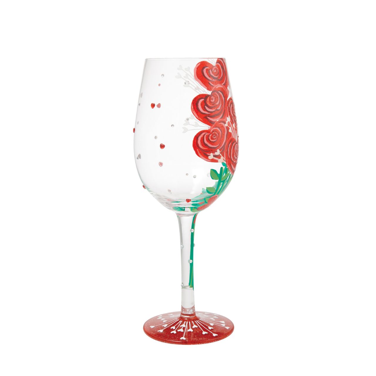 Elevate a romantic evening with this unique wine glass from Lolita showcasing a stunning bouquet of hand-painted red roses crafted into the shape of hearts.