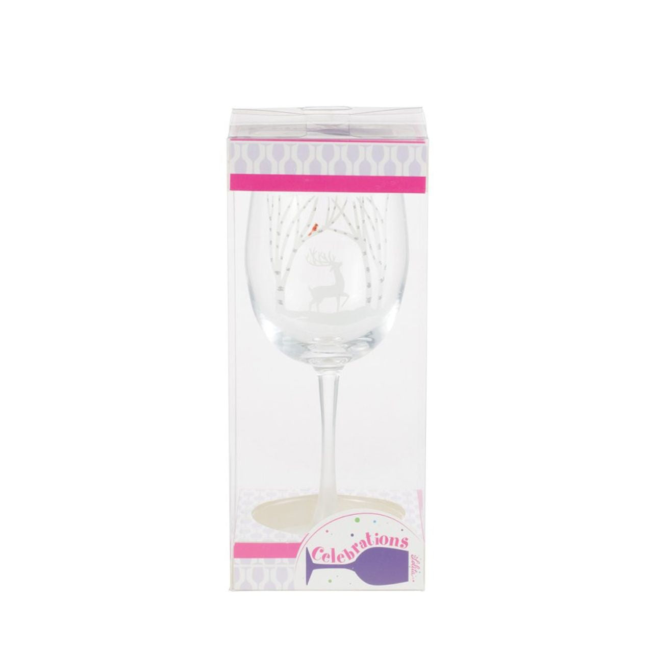 Toast to snow days with this Celebrations by Lolita glass, featuring a transparent gradient effect and a nature decal. Featuring a silhouetted stag trotting through the snow, a red cardinal warms the white winter scene and your new favourite winter glass.