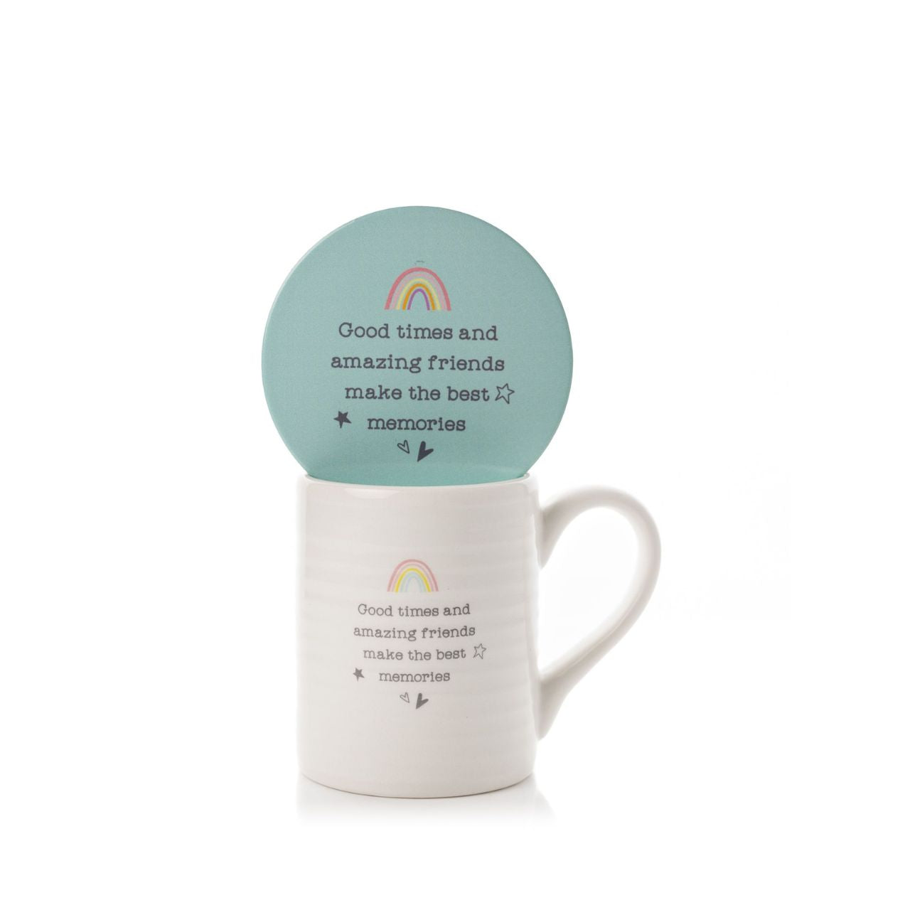 This cheerful mug and coaster set would make an excellent gift for your friends this spring. The rainbow illustration along with the stars and hearts drawings help to make this set a delightful way of telling your friends you love them.
