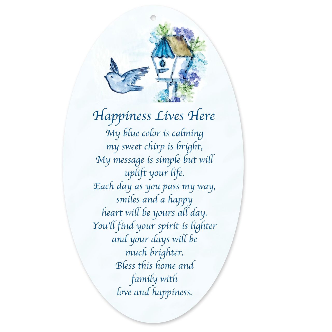 Messenger Bluebird Hanging Ornament Gorgeous 'Happiness Lives Here' Bluebird. Made from stunning acrylic, each facet catching the light. With a sentiment card attached to each, these are the perfect gift to brighten anyones day. 'My blue colour is calming, my sweet chirp is bright.