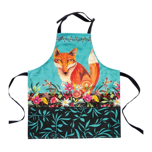 Michelle Allen Fox and Flowers Apron  Our Foxes and flowers adjustable apron is made from 100% cotton and sturdy, canvas material. The fabric is certainly durable, yet flexible enough for every day comfort.