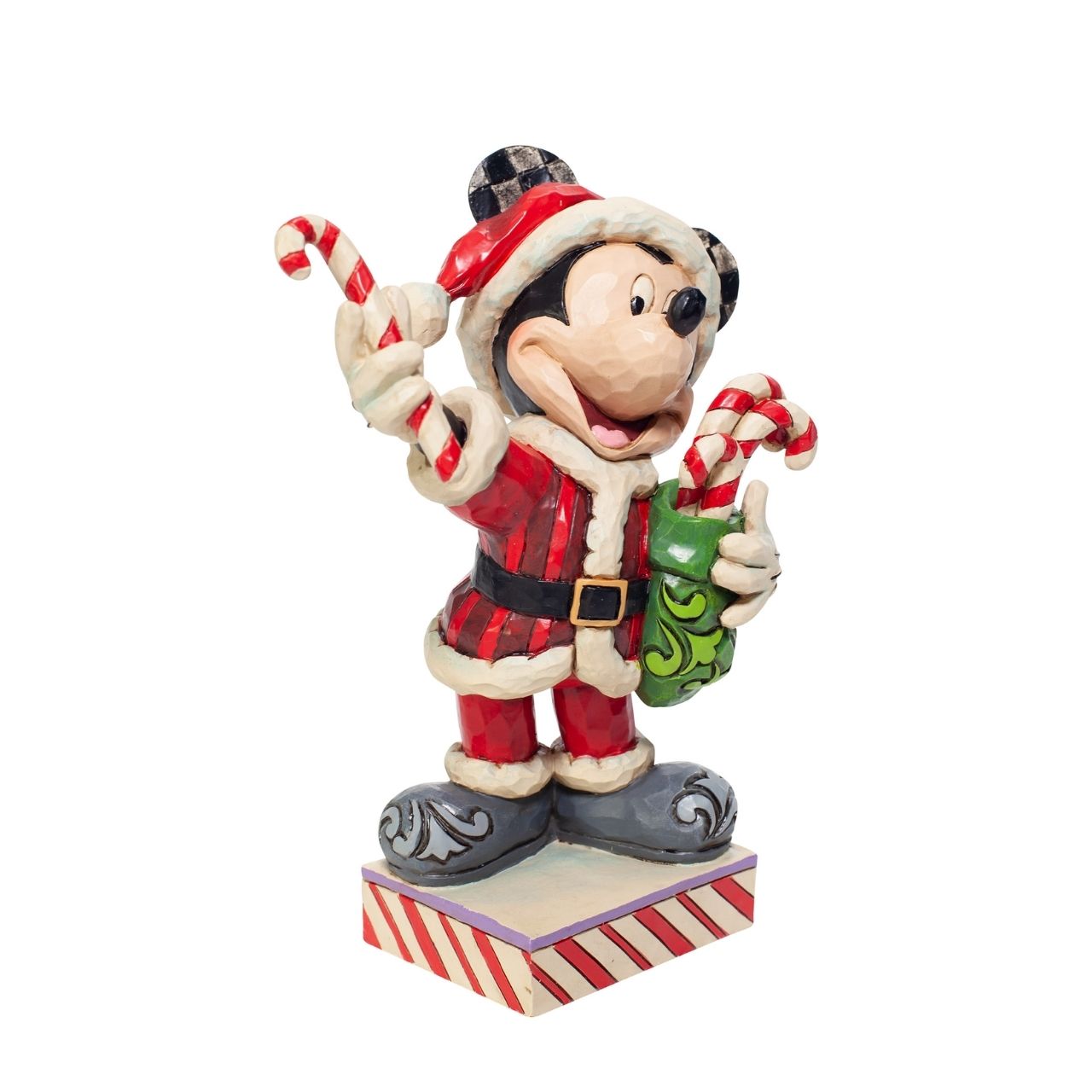 Disney Mickey Mouse with Candy Canes Figurine  Dressed in a Santa suit, Mickey masquerades as the holiday titan. Delivering candy canes to all the nice people he knows, he brings the spirit of Christmas wherever he goes. Celebrate the most wonderful time of the year with Disney by Jim Shore.