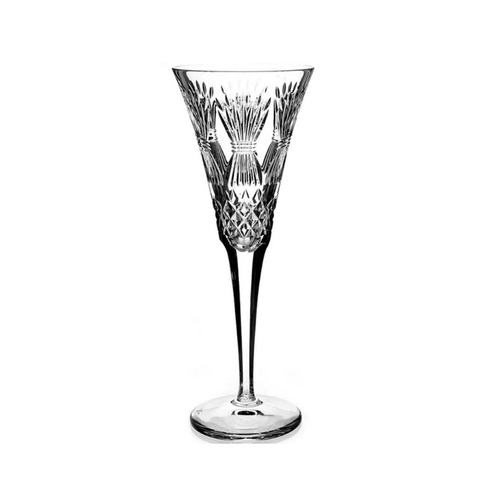 Waterford Crystal Millennium Collection Toasting Flutes - Prosperity The collection was started in 1995. Each year a set of two flutes dedicated to one of the universal toasts was made available. The first flute was Happiness, engraved with a bow, the next Love, with a heart, then Health with a sunburst, Prosperity with a wheat sheaf and Peace with a dove