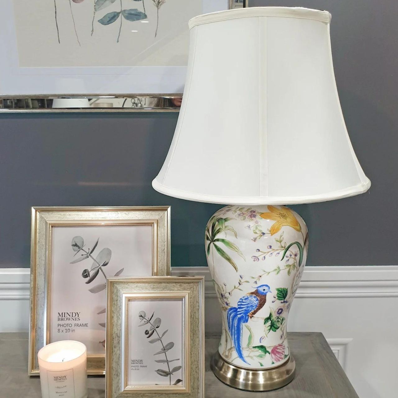 Mindy Brownes Interiors Ava Lamp Birds of Paradise Lamp, bring a pop of colour to your room. Ceramic lamp with brass bass and white linen shade.