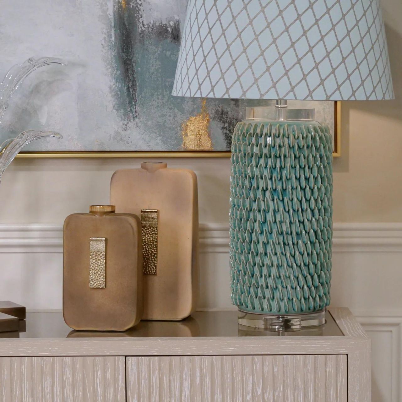Mindy Brownes Ceramic Lexi Lamp. Aqua marine coral texture inspired lamp on a clear acrylic base with chrome detail. Ideal bedroom lamp, hall lamp or hotel lamp.