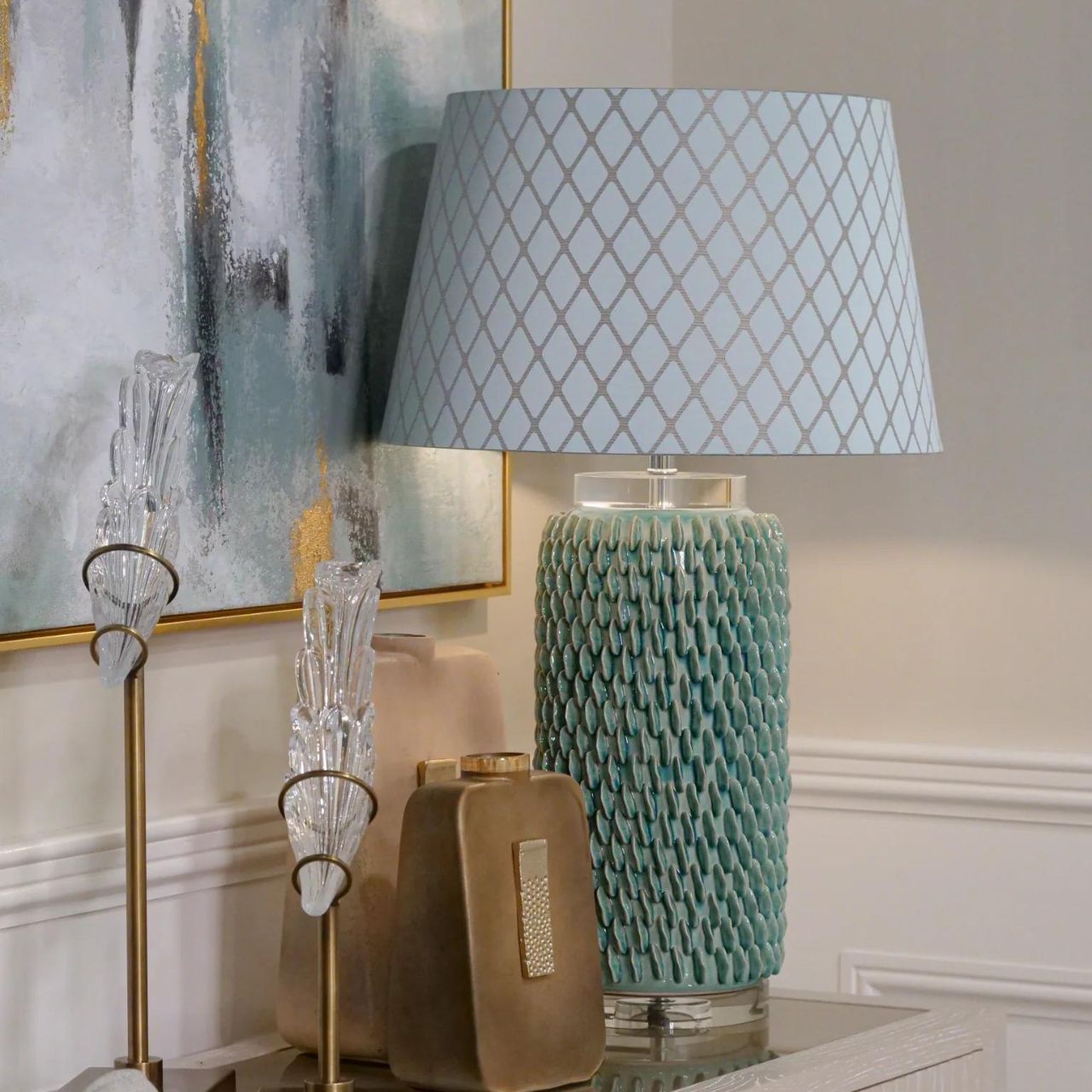 Mindy Brownes Ceramic Lexi Lamp. Aqua marine coral texture inspired lamp on a clear acrylic base with chrome detail. Ideal bedroom lamp, hall lamp or hotel lamp.