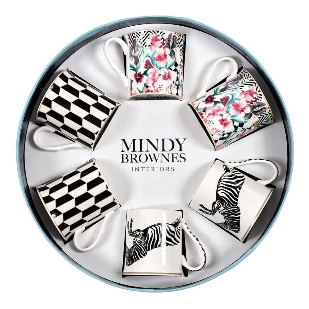 Mindy Brownes Circus Frenzy Cups Set 6 These circus inspired Mindy Brownes cups are colourful and exotic and will bring a element of fun to your kitchen décor. Ideal house warming gift, new home, birthday or general occasion. New bone china, dishwasher & microwave safe presented in a stunning royal blue Mindy Brownes presentation box.