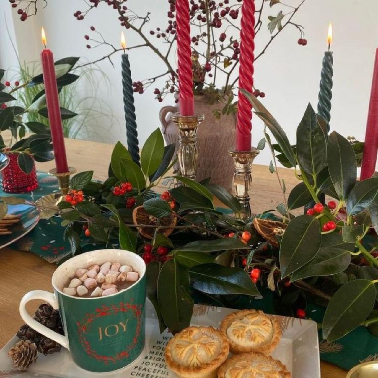 Christmas Festive Fir Set of 6 Mugs by Mindy Brownes Interiors  Introducing our Festive Fir collection. This charming collection is adorned with beautiful designs inspired by Christmas fir branches, red berries, and heart-warming holiday messages on green and white backgrounds.