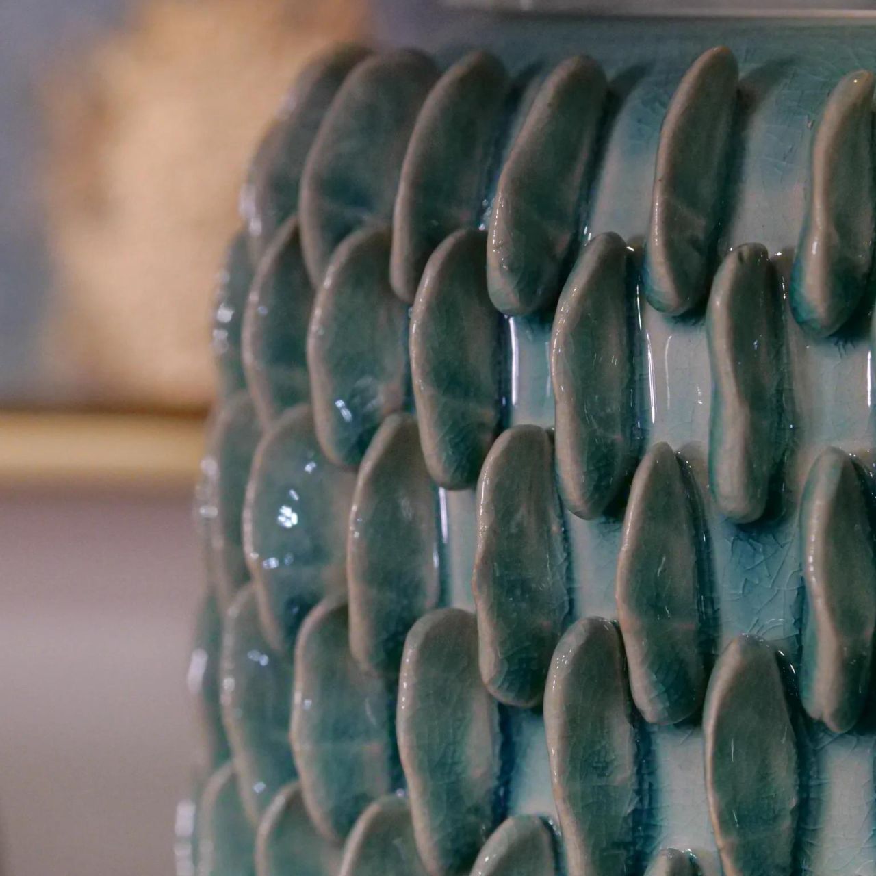 Mindy Brownes Ceramic Lexi Lamp. Aqua marine coral texture inspired lamp on a clear acrylic base with chrome detail. Ideal bedroom lamp, hall lamp or hotel lamp.