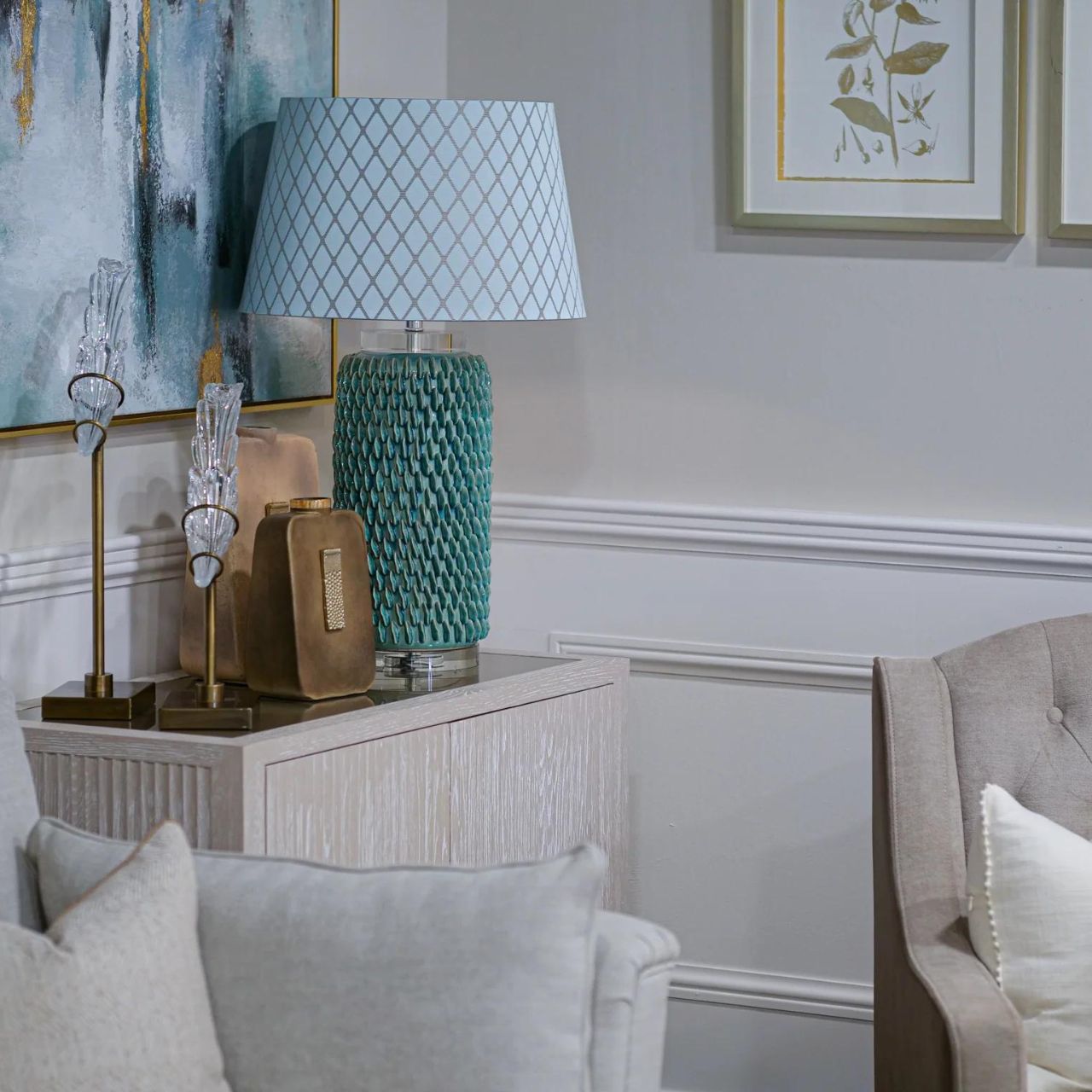 Mindy Brownes Ceramic Lexi Lamp. Aqua marine coral texture inspired lamp on a clear acrylic base with chrome detail. Ideal bedroom lamp, hall lamp or hotel lamp.