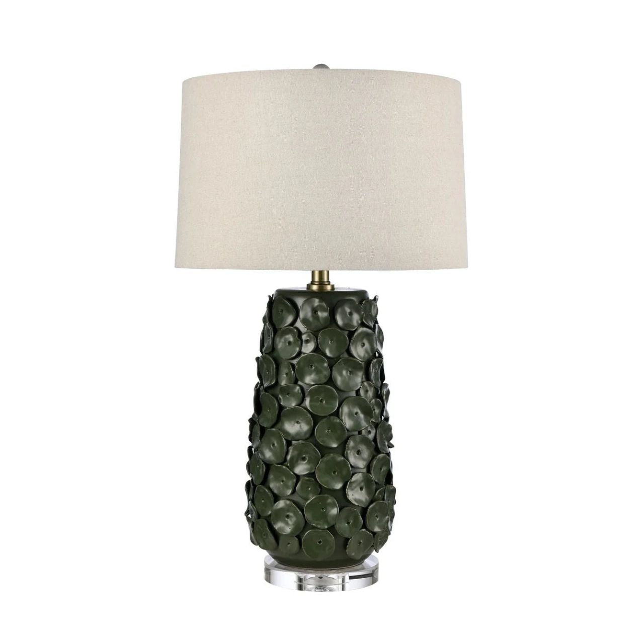 Illuminate your space with our Marin Lamp, featuring a simple shade and a base adorned with a circular pattern reminiscent of lily pods. Deep green in colour.