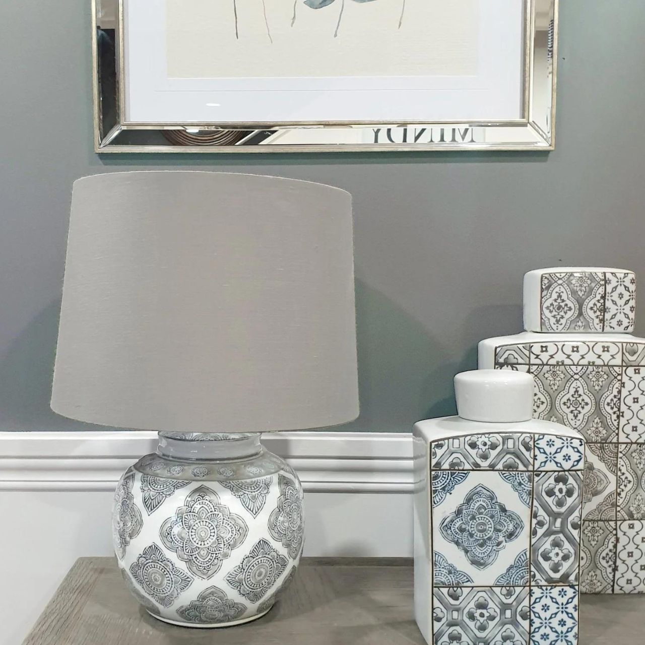 Mindy Brownes Interiors Ruby Lamp Mindy Brownes ceramic lamp - Boho pattern in blue and grey. Taupe shade. Ideal as a bedside or for living space!