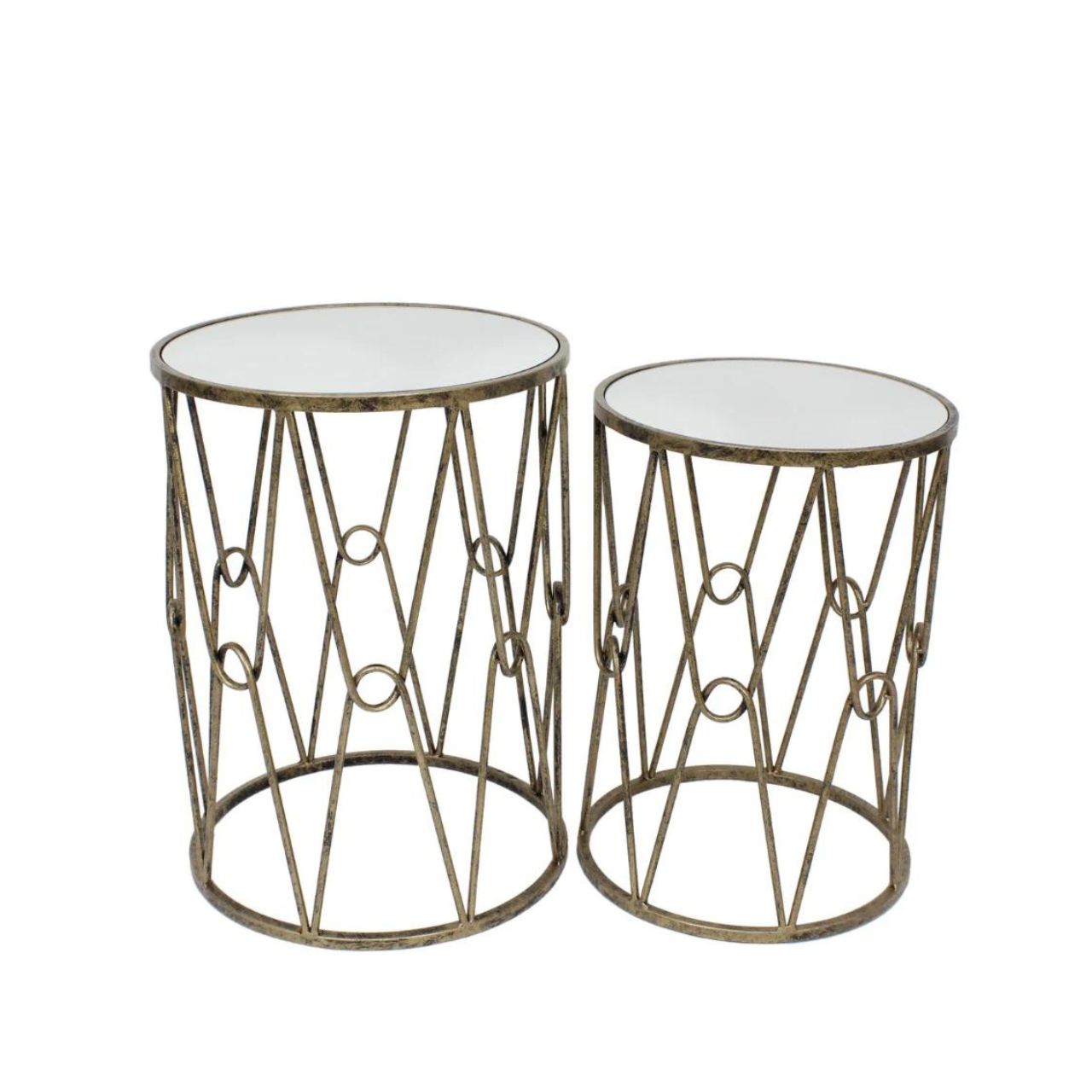Wendover Tables Set of 2 by Mindy Brownes Mindy Brownes, set of two drum design tables. Quirky designs, antique gold in colour. Mirrored top.
