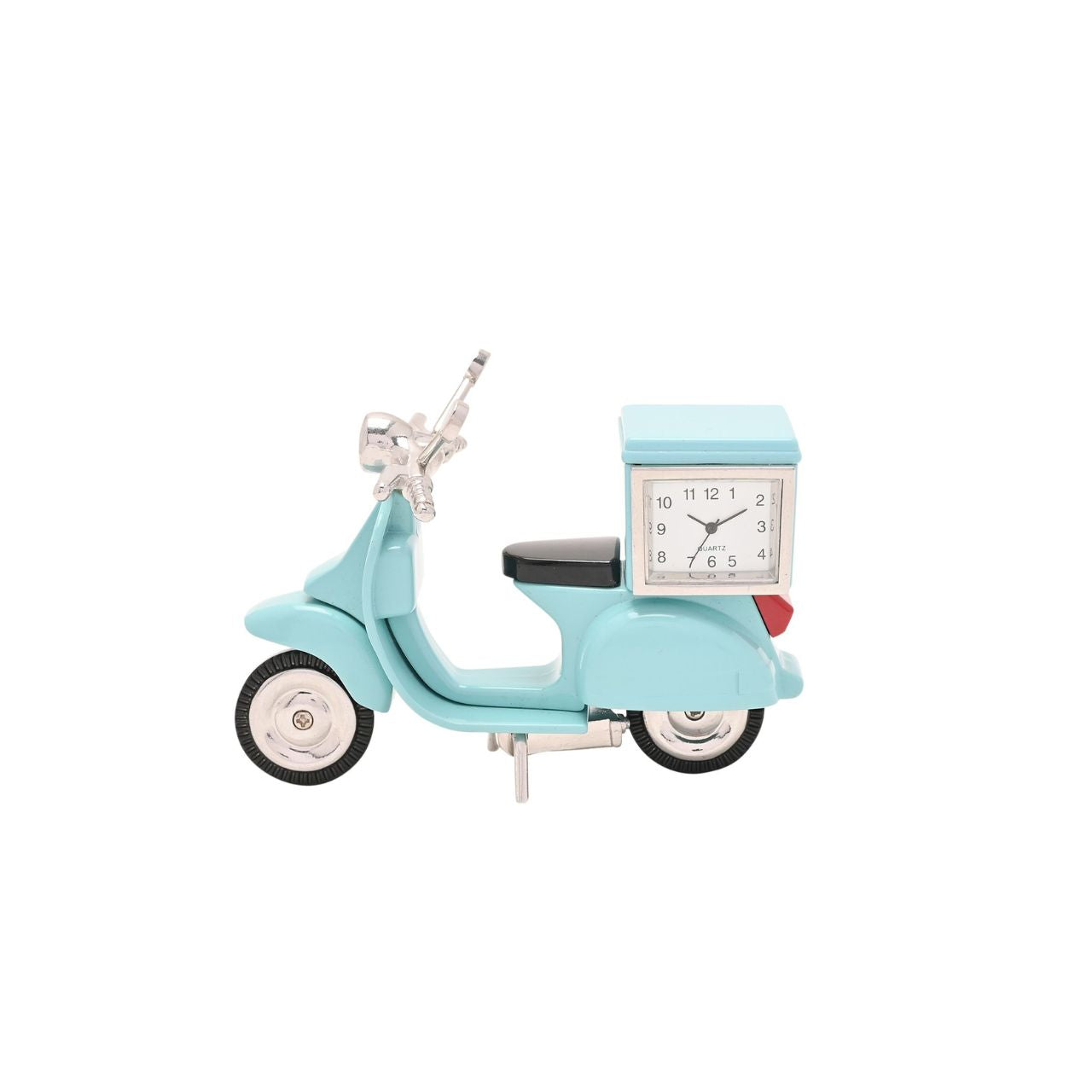 Step back in time with the Miniature Clock - Blue Scooter. This charming, mint-coloured vintage-style scooter, complete with a small analog clock mounted on the front, offers a touch of nostalgia and a splash of colour to any setting.