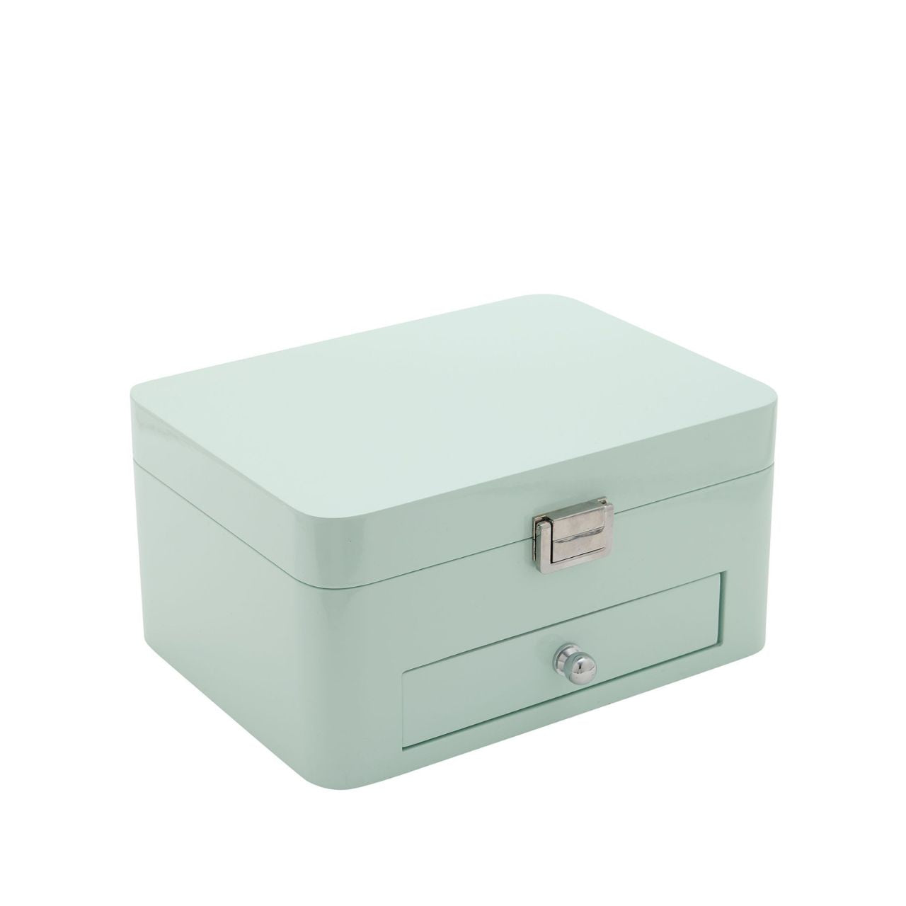 The jewellery box opens to reveal a mirrored lid and five compartments which includes a ring roll. Complementing this underneath is spacious draw. All the compartments have a soft fabric lining.