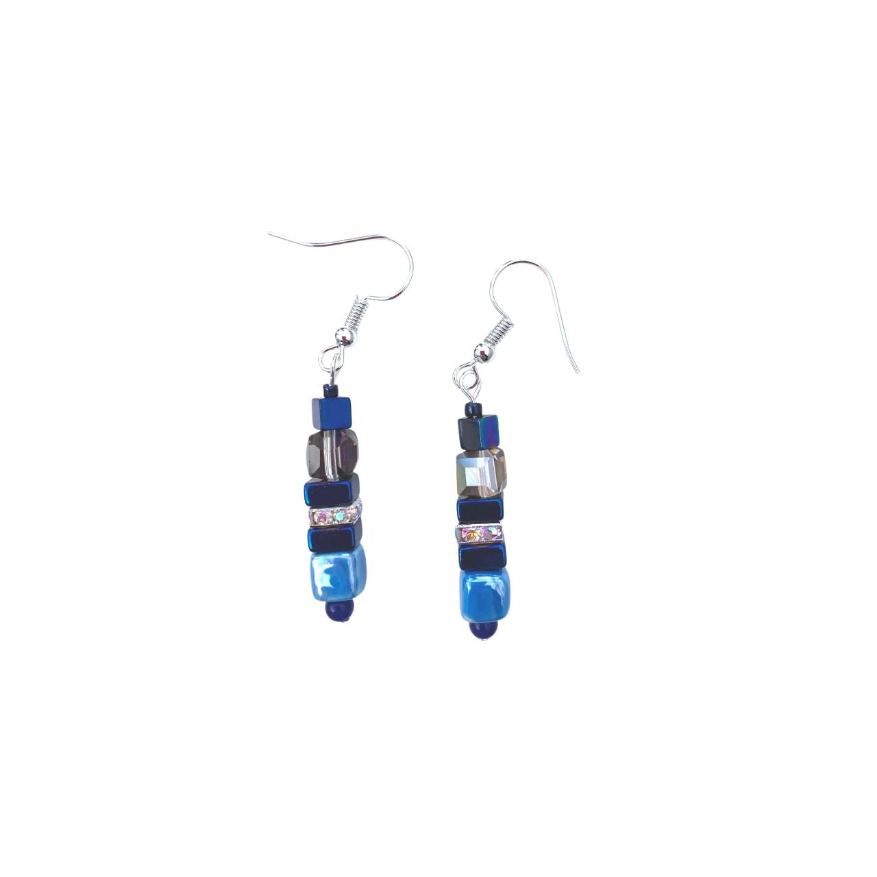 These earrings combine cubes of blue handmade Ceramic cubes in shades of blue with blue Hematite gemstone squares and cubes, blue faceted Crystal cubes and sparkling rhinestones.