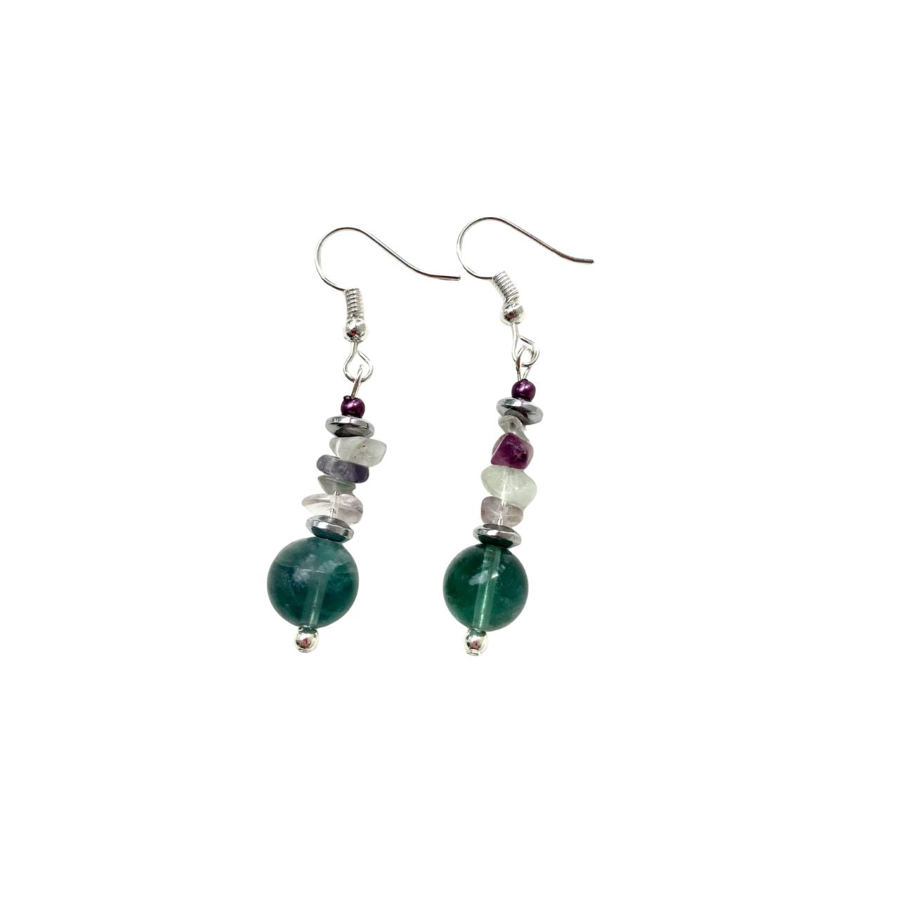 Fluorite is a fascinating translucent gemstone that ranges in colour from green to purple and all shades in between. These earrings are composed of round Fluorite gemstones beads and chips complimented by silverplated Hematite gemstone rondelles.