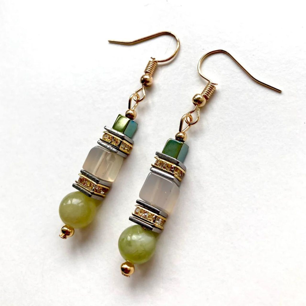 Green & Gold Gemstone Earrings by Mishe Jewellery